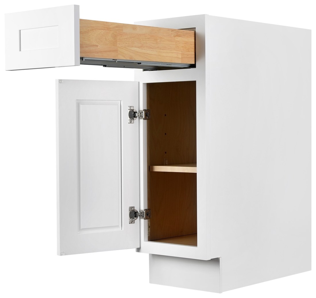 Koville base cabinet with the door and drawer opened